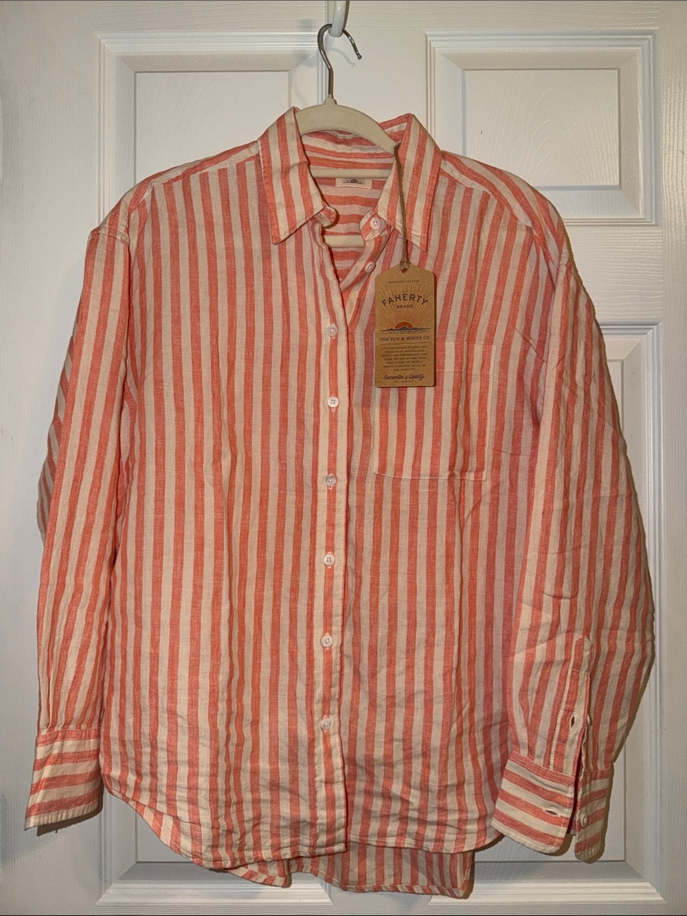 Faherty Laguna Linen Relaxed Shirt Striped Linen Shirt in Peach Lucy Stripe NWT